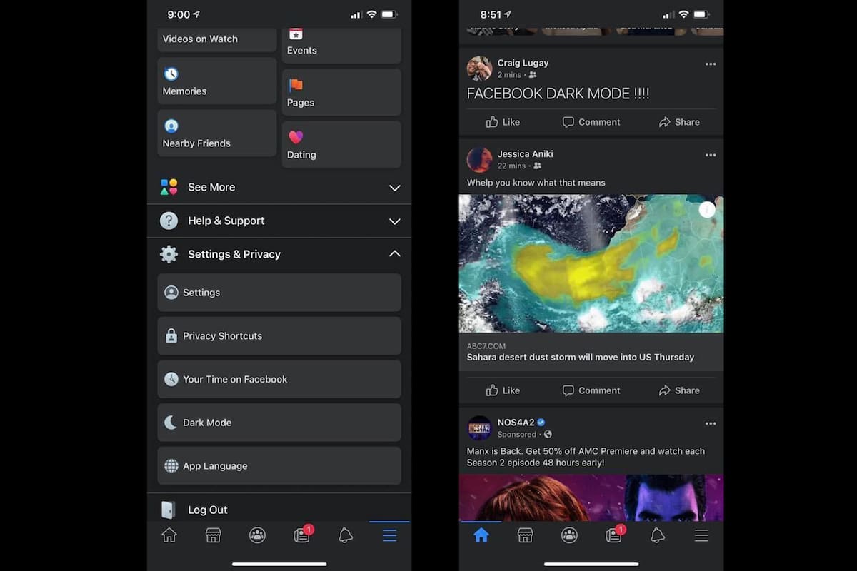 Después de activar la función en la versión web, Facebook habilita de forma limitada el modo oscuro para los usuarios de iPhone y Android