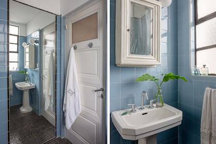 DESPUÉS: El piso se reemplazó por uno de venecitas y se buscaron piezas vintage para el lavatorio, el botiquín y las lámparas. A falta de azulejos celestes, un gran espejo cubrió el espacio de la puerta que conectaba con el cuarto.
