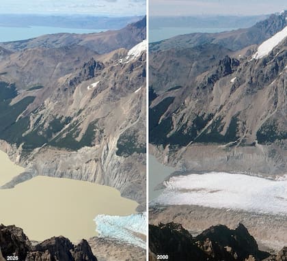 Después y antes: un comparativo del lago Torre en 2026 y en el 2000