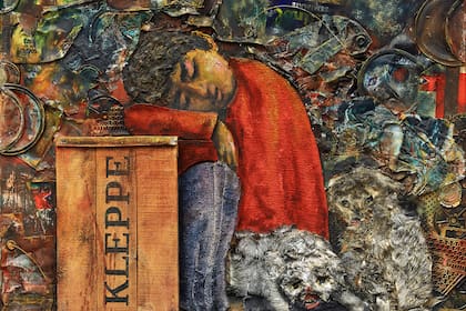 Detalle de "Juanito dormido" (1974), de Antonio Berni: collage de aceite, madera, papel maché, estopa de algodón, latas rotas, chatarra, plástico, grapas y clavos sobre madera contrachapada
