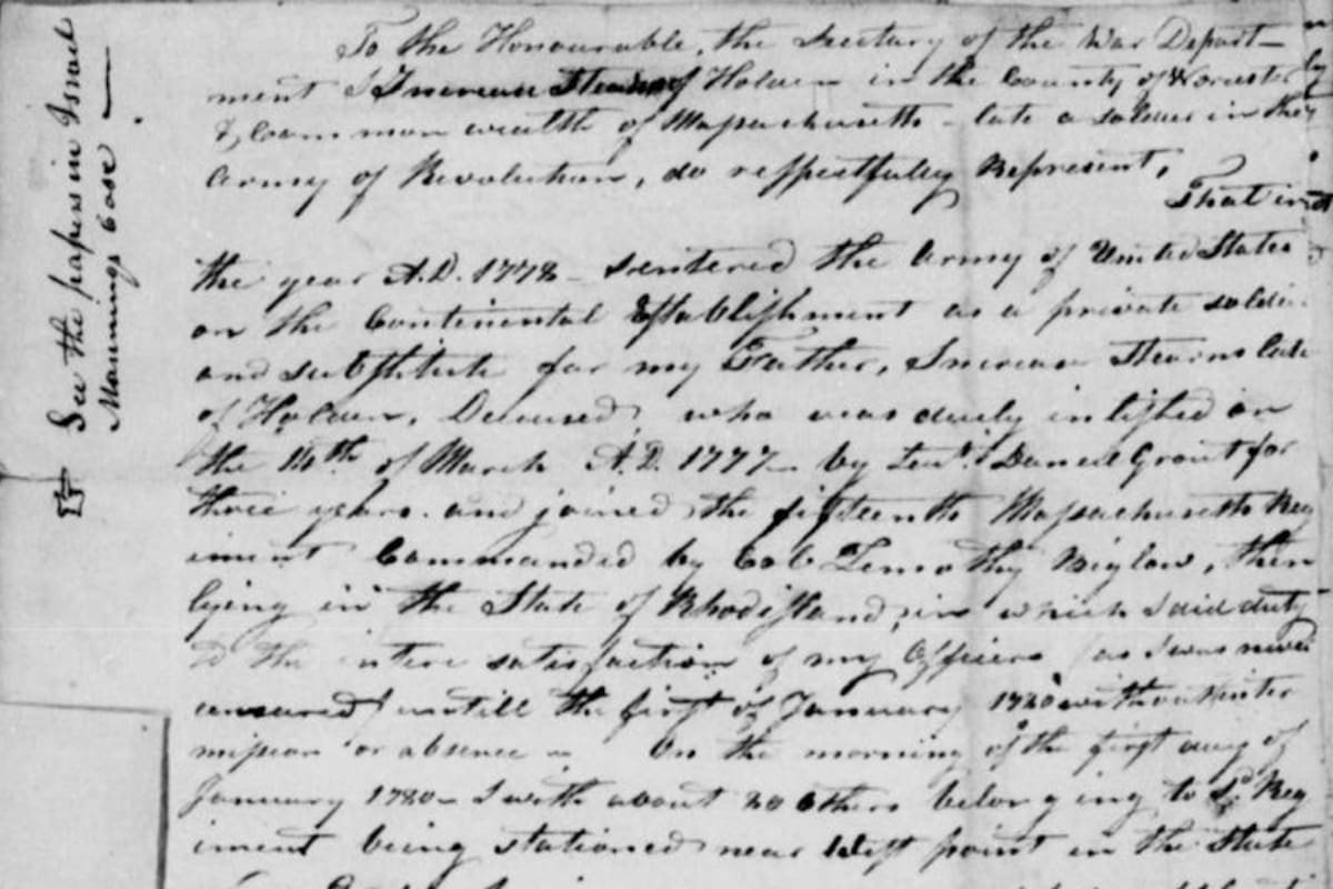 Detalle de la carta de Increase Stearns (h), de puño y letra, en la declaración jurada que presentó en 1818 para reclamar su pensión de veterano