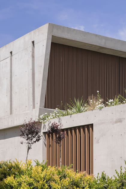Detalle de la casa que evidencia la pieza superior de hormigón desplazada, que da lugar a la terraza con cobertura vegetal.