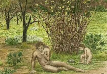 Detalle de la escena superior, con el padre neandertal y el hijo jugando con una tortuga (Foto:Gabriela Amorós)