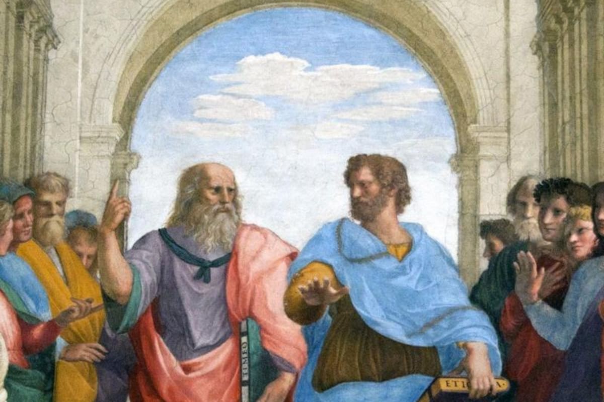 Detalle de la obra “La escuela de Atenas” de Rafael. En el centro, Platón, de rojo, y a su lado, Aristóteles