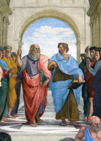 Detalle de la obra “La escuela de Atenas” de Rafael en el que se observa en el centro a Platón, de rojo, y Aristóteles, de azul.