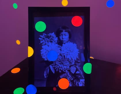 Detalle de un retrato de Kusama en la instalación "Estoy aquí, pero nada" (2000), en Inhotim