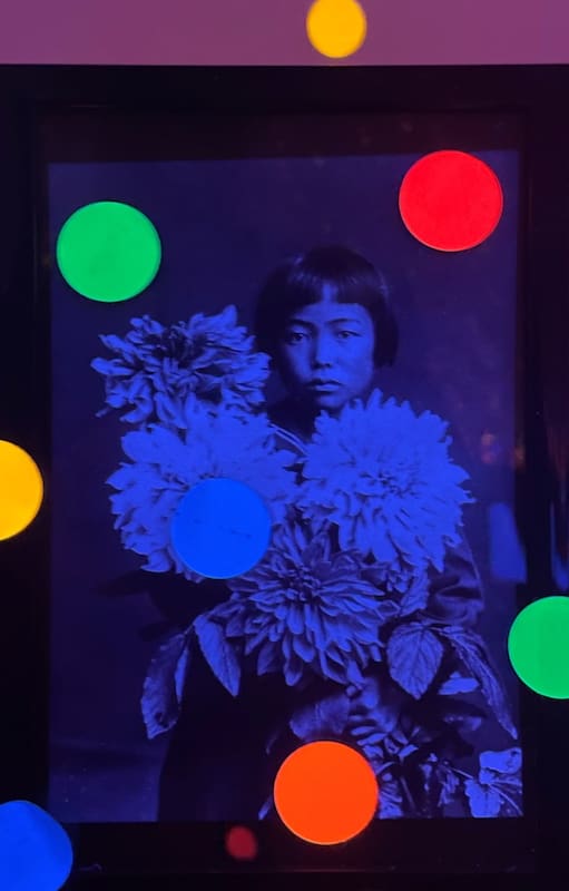 Detalle de un retrato de Kusama en la instalación Estoy aquí, pero nada (2000), en Inhotim