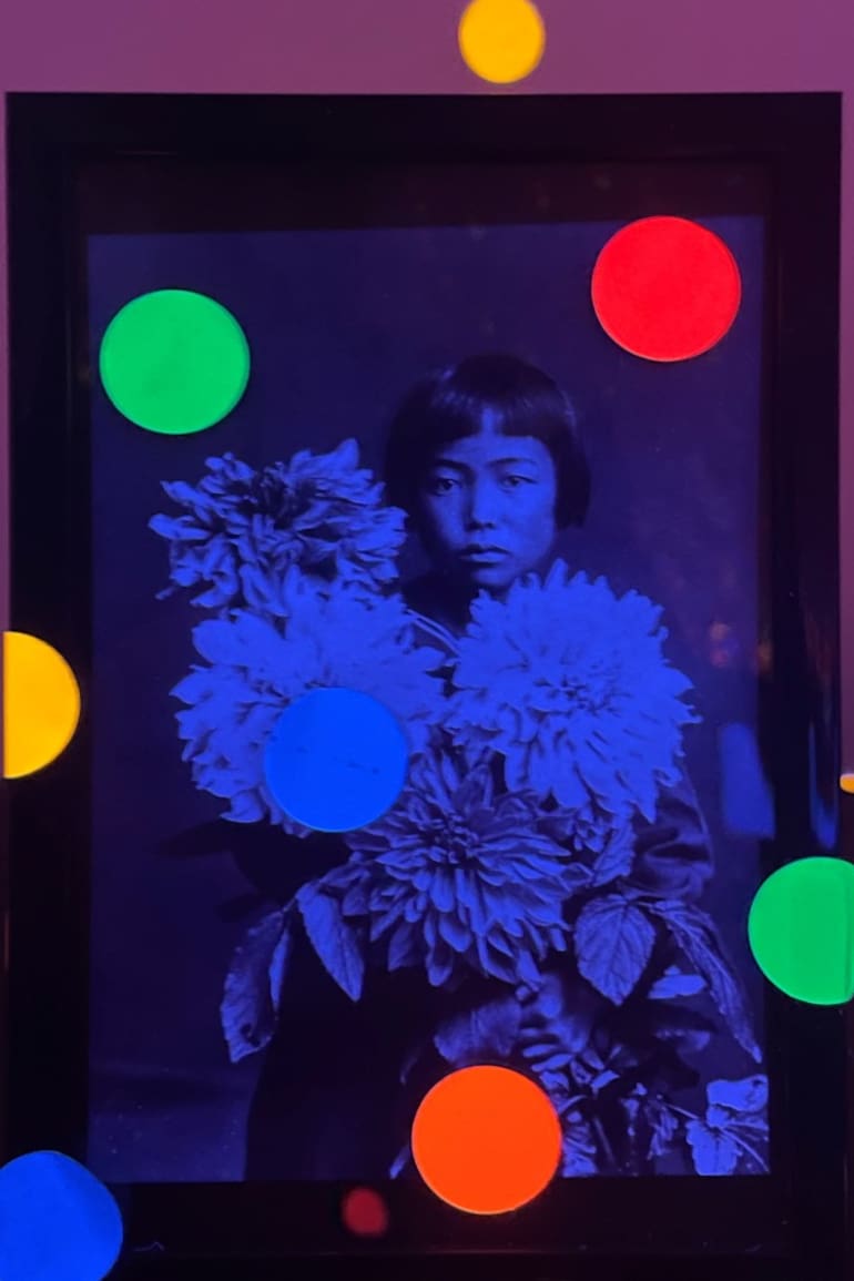Detalle de un retrato de Kusama en la instalación Estoy aquí, pero nada (2000), en Inhotim