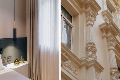 Detalle de una habitación del Grand Brizo Bel Air sobre Arenales, con la fachada clásica fabulosamente restaurada.