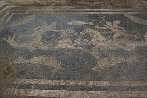 Detalle del mosaico blanco y negro hallado en 2021 en el yacimiento de Forau de la Tuta