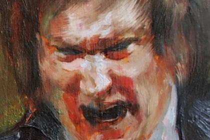 Detalle del retrato del presidente argentino hecho por el artista cubano Richard Somonte