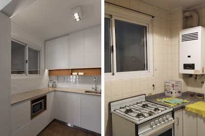 Detrás de la puerta de arriba a la izquierda quedó escondido el calefón, para el que abrieron las rendijas de ventilación. La mesada lateral tiene solo los 45cm que necesita el microondas.