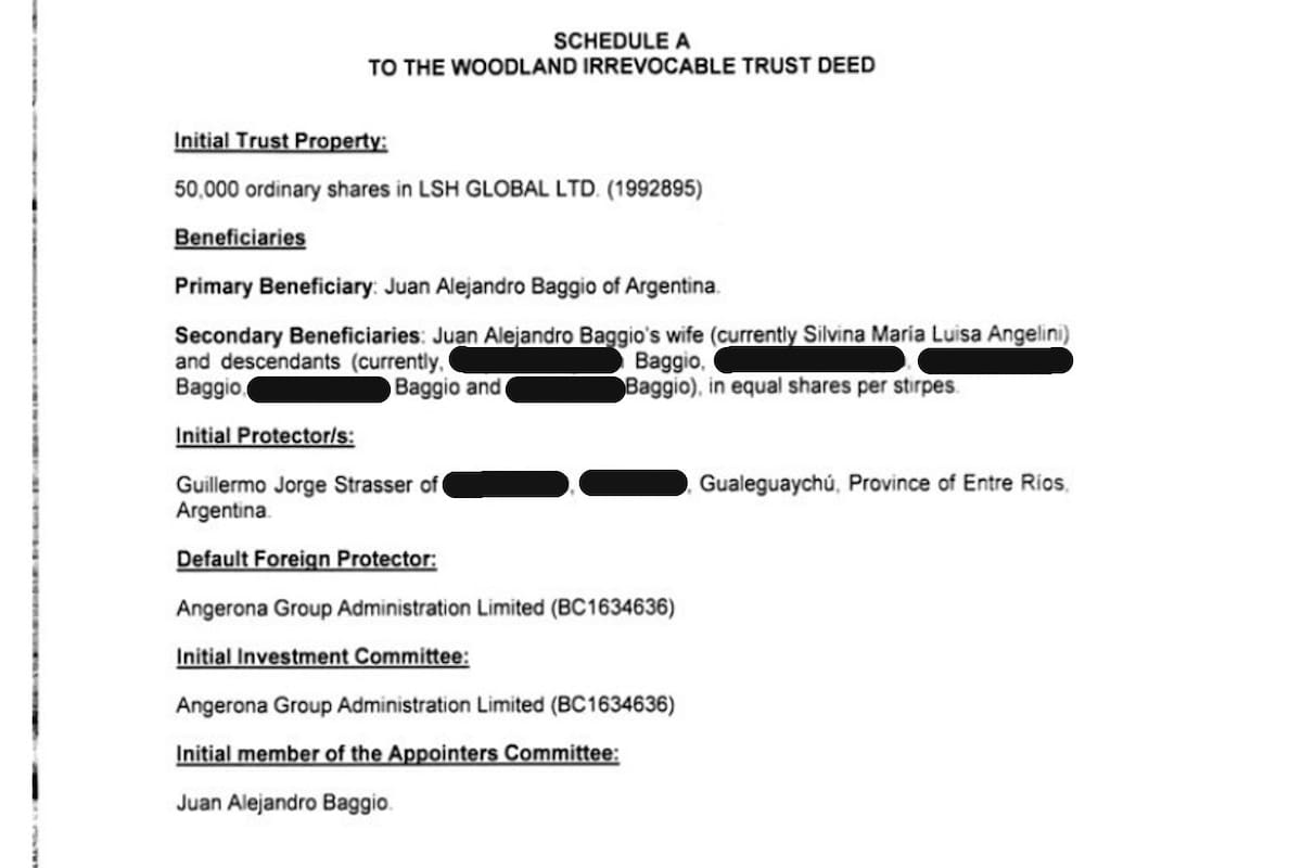 Detrás de LSH Global Ltd, que tiene a la viuda de Rufino Baggio, Celia Munilla, como beneficiaria final, aparece otra empresa, Woodland Assets LLC, en la que Juan Alejandro Baggio aparece como su beneficiario principal y a su esposa y a sus cinco hijos como secundarios