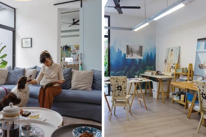 Detrás de María, se vislumbra el estudio de María. Está iluminado con tubos fríos y cálidos para nivelar la temperatura de la luz, ubicando las luces por debajo de los ventiladores de techo para que no hicieran un efecto estroboscópico.