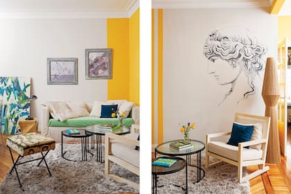 Izq.: Banqueta (Harturo) y mesas bajas, diseño de Monge. El asiento del sofá (Apatheia) se cubrió con un género verde (Casa Almacén). Cuadro (Romina Salem). Lámpara de yute (Estudio Doble A).