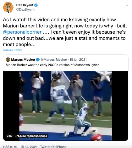 Dez Bryant alertó el año pasado sobre la depresión que vivía su excompañero en los Dallas Cowboys, Marion Barber