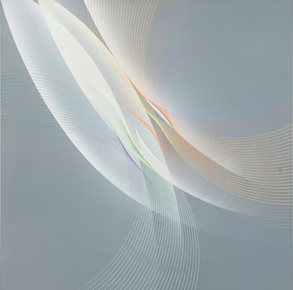 Fernández y Macri en una toma artística, con una pintura de Eduardo Mac Entyre, referente del arte geométrico, como telón de fondo; al lado, el óleo "Interdimensión", de María Martorell
