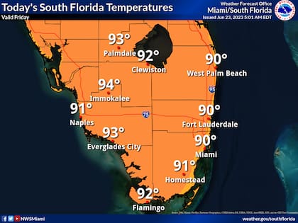 Diagrama de temperaturas máximas esperadas en el sur de Florida para este viernes 23 de junio