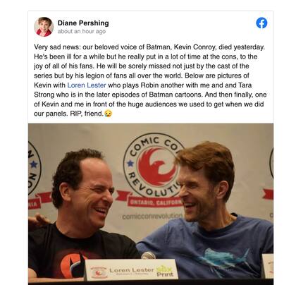 Diane Pershing, la voz de Poison Ivy, compartió la noticia en Facebook