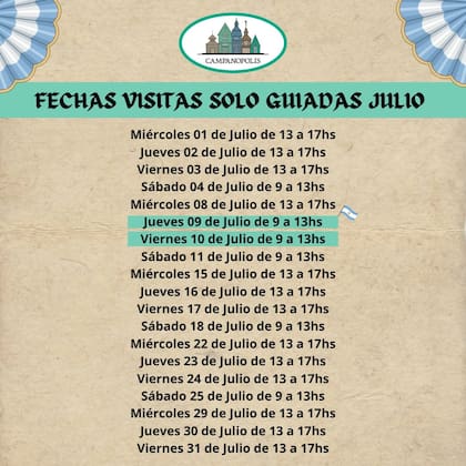 Días en que habrá visitas guiadas en el mes de julio