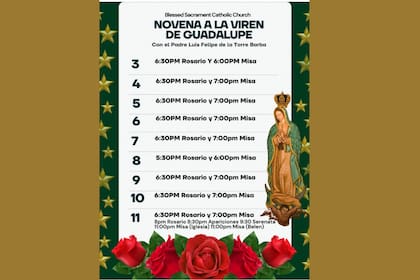 Días y horarios de la novena a la Virgen de Guadalupe en Blessed Sacrament Catholic Church.