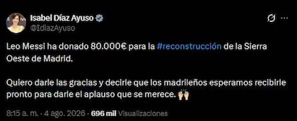 Díaz Ayuso anunció que Lionel Messi donó 80.000 euros tras los incendios en Madrid.