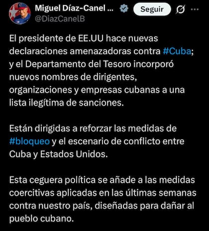 Díaz-Canel dijo que las acciones de EE.UU. están dirigidas para incrementar el conflicto con Cuba