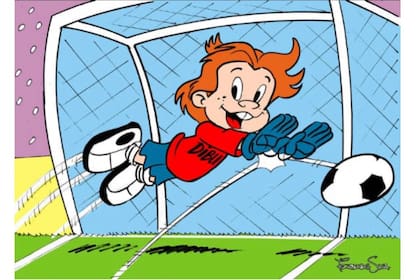 Dibu, el personaje de una serie de Telefé de los 90, ataja un penal