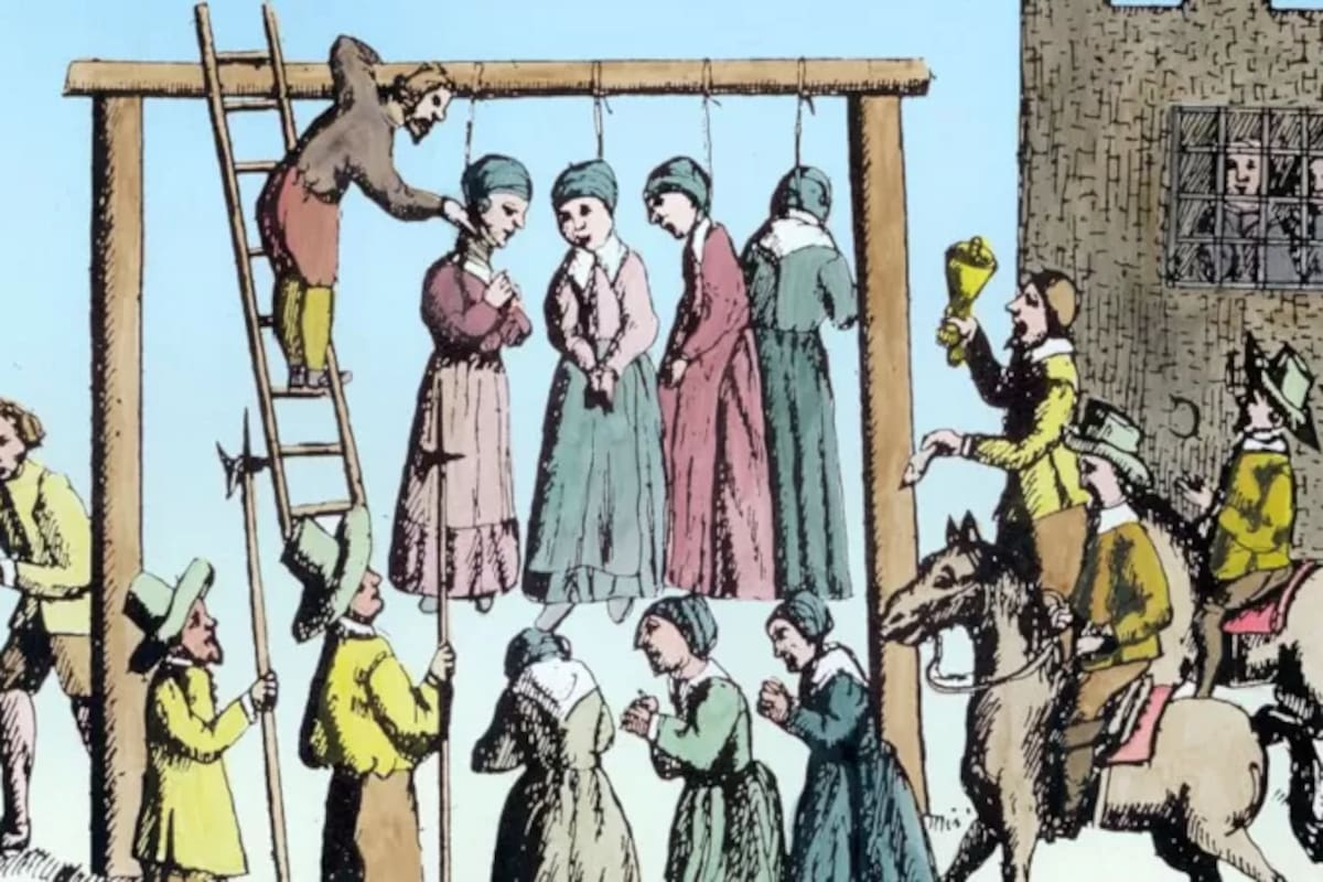 Dibujo del ahoracamiento de brujas en Inglaterra en el siglo XVII.