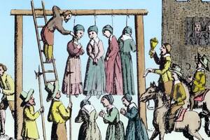 Dibujo del ahoracamiento de brujas en Inglaterra en el siglo XVII.