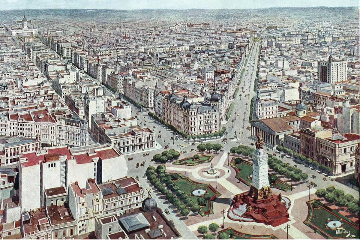 Dibujo que mostraba cómo luciría la ciudad tras las obras de embellecimiento. Caras y Caretas. 1913.