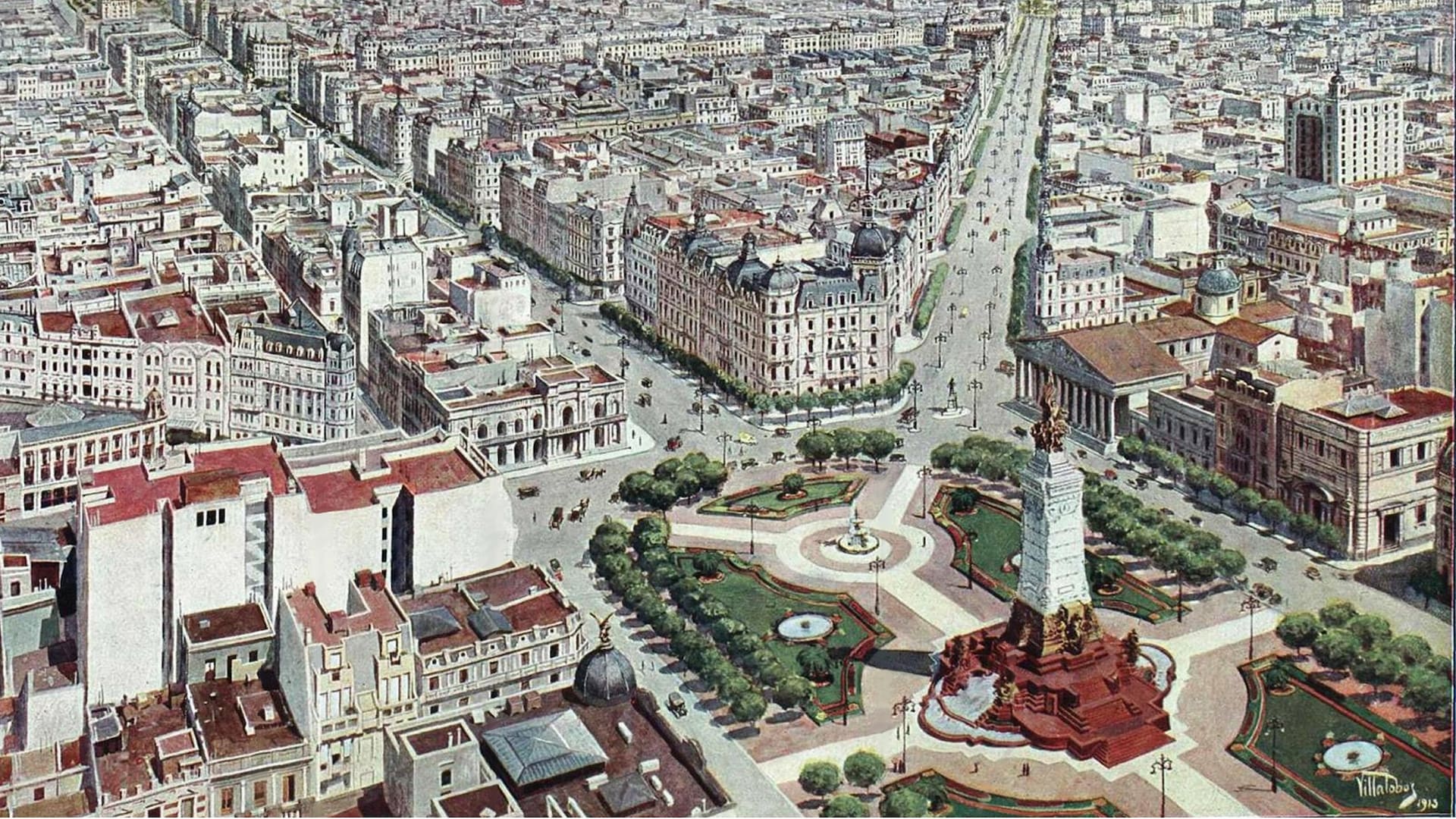 Dibujo que mostraba cómo luciría la ciudad tras las obras de embellecimiento. Caras y Caretas. 1913.