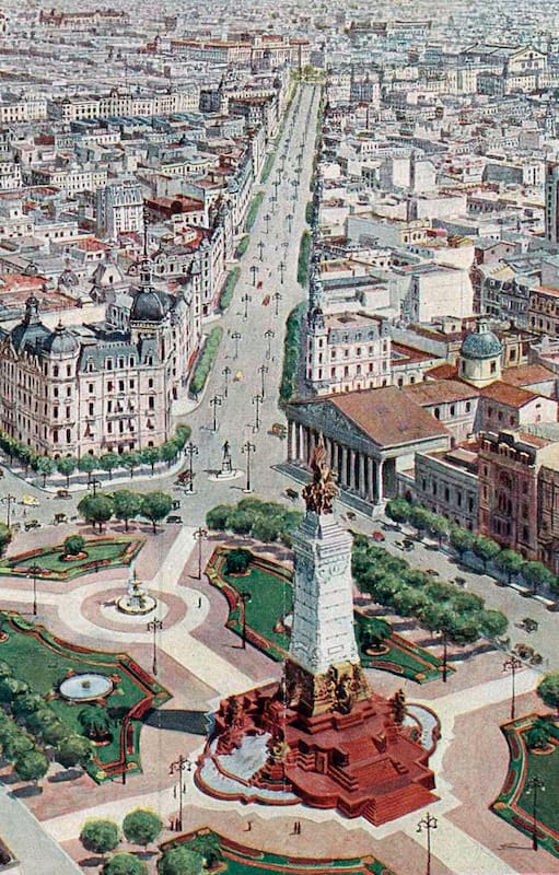 Dibujo que mostraba cómo luciría la ciudad tras las obras de embellecimiento. Caras y Caretas. 1913.