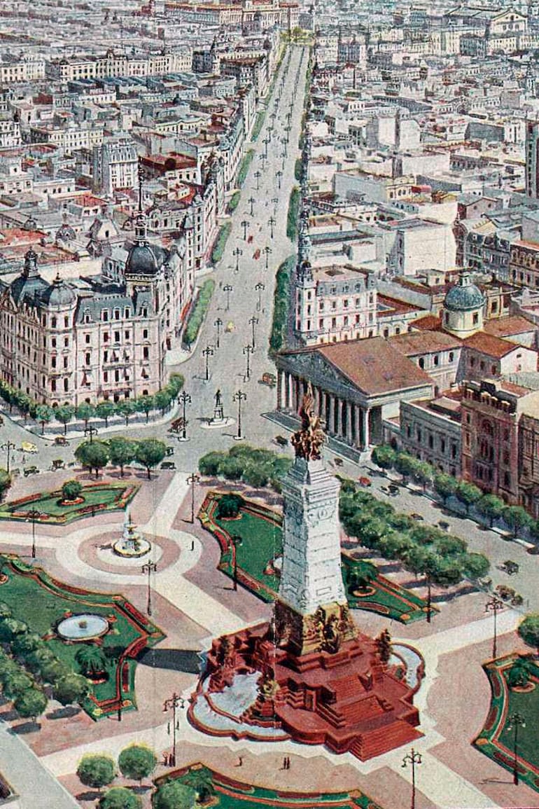 Dibujo que mostraba cómo luciría la ciudad tras las obras de embellecimiento. Caras y Caretas. 1913.