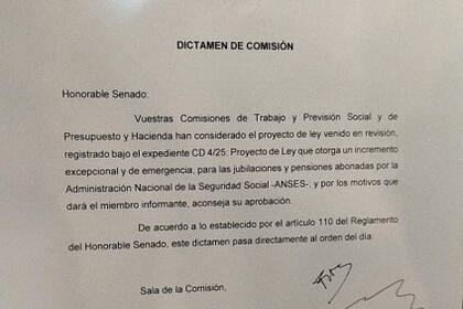 Dictamen de la comisión de presupuesto que habilita al debate en pleno del proyecto de ley que propone un aumento de emergencia a jubilados y pensionados.