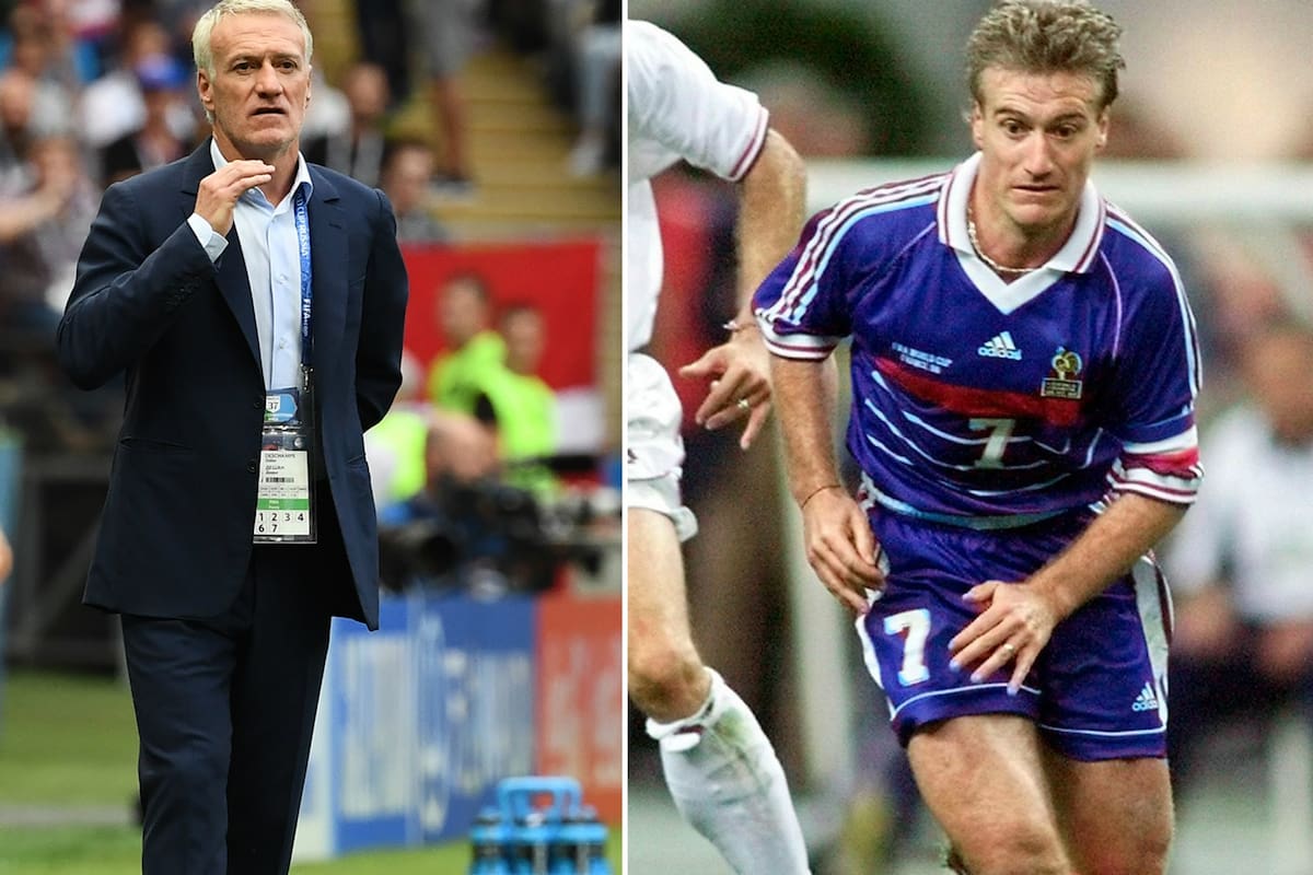 Didier Deschamps en 2018, como DT de Francia, y en 1998, como "DT" dentro de la cancha