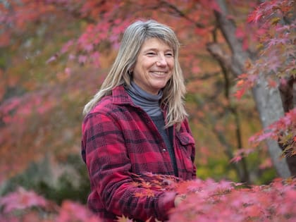 Didin Verellén entre las hojas bermellón de un Acer Ginnala, en el vivero que fundó su padre Joseph: "Yo nací, crecí acá y lo vi hacer", dice ella.
