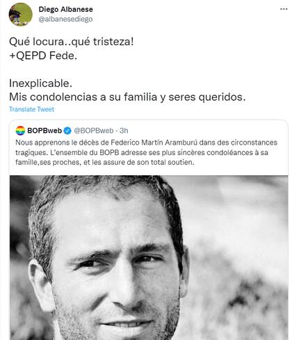 Diego Albanese manifestó su consternación en Twitter por el fallecimiento de su excompañero