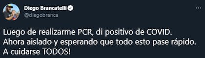 Diego Brancatelli se enteró de que tiene coronavirus este jueves, luego del programa Intratables, y lo comunicó en sus redes sociales horas después. Fuente: Twitter