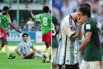 Diego Maradona, en el piso, en el debut de Italia 1990 (derrota 0-1 contra Camerúb) y Lionel Messi, a puro lamento, por la caída 1-2 contra Arabia Saudita en Qatar 2022