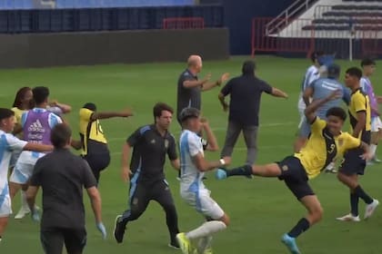 Diego Placente, DT del Sub 15, en medio de los incidentes, observa una patada karateca de un jugador de Ecuador a un argentino
