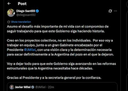 Diego Santilli agradeció a Milei y a su hermana Karina la designación como jefe de Gabinete