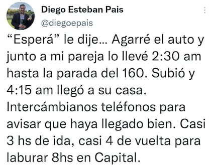 Diego y su novia llevaron al joven hasta la parada en su propio vehículo