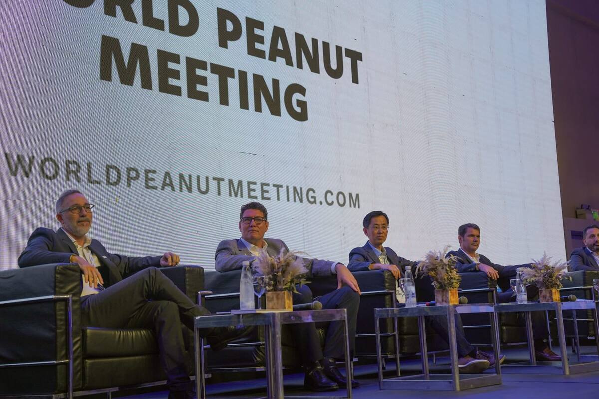 Diego Yabes, presidente de la Cámara Argentina del Maní, a la izquierda, acompañado en un panel por disertantes de otros países