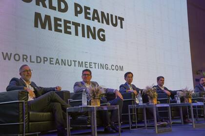 Diego Yabes, presidente de la Cámara Argentina del Maní, a la izquierda, acompañado en un panel por disertantes de otros países