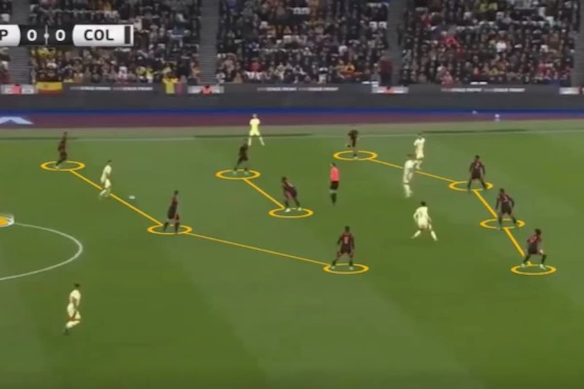 Diez de los once jugadores de Colombia defendiendo con simetría (a lo largo y a lo ancho) en un amistoso disputado ante España, donde el equipo de Lorenzo ganó 1-0