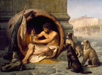 Diógenes sentado en su tinaja en una pintura de Jean-Léon Gérôme (1860)