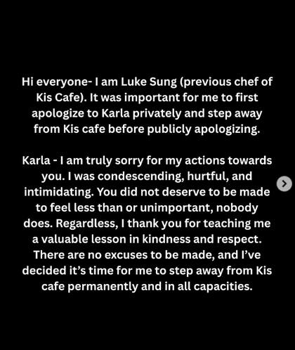 Disculpa de Kis Cafe a Karla Marcotte (Instagram @kiscafe)