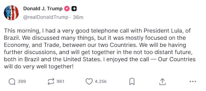 “Discutimos muchas cosas, pero principalmente nos enfocamos en la economía y el comercio”, escribió Trump en su red social Truth. Fuente: Truth