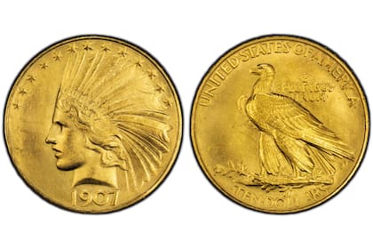 Diseñada por Augustus Saint Gaudens, esta pieza esta compuesta por una alineación de oro y cobre